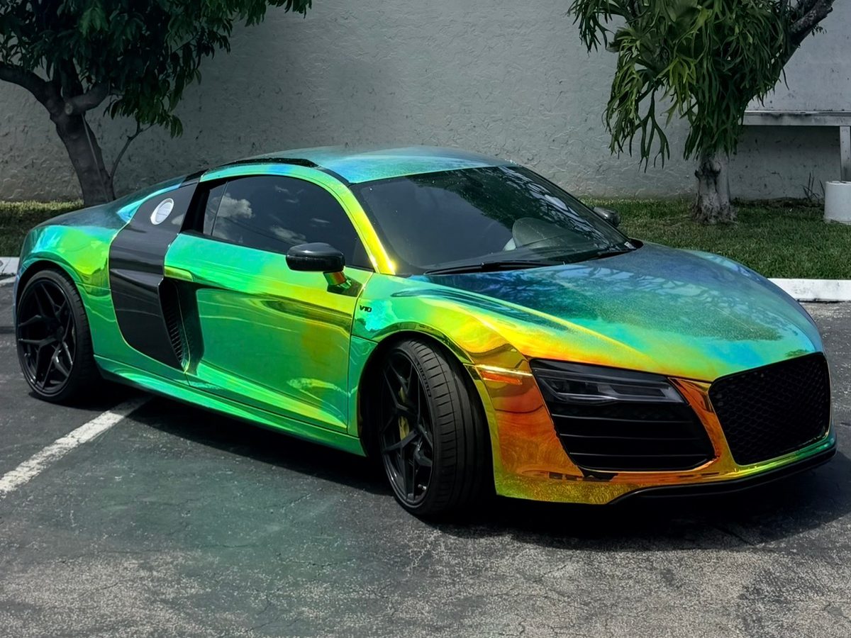 Audi R8 in a holographic color-shift wrap