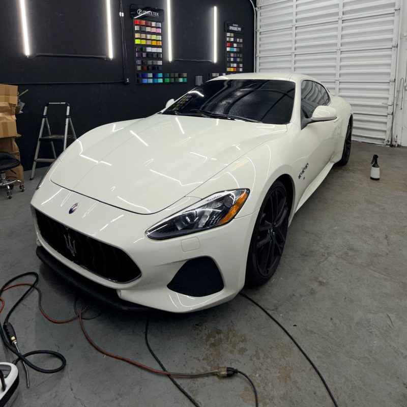 White Maserati GranTurismo in the bay