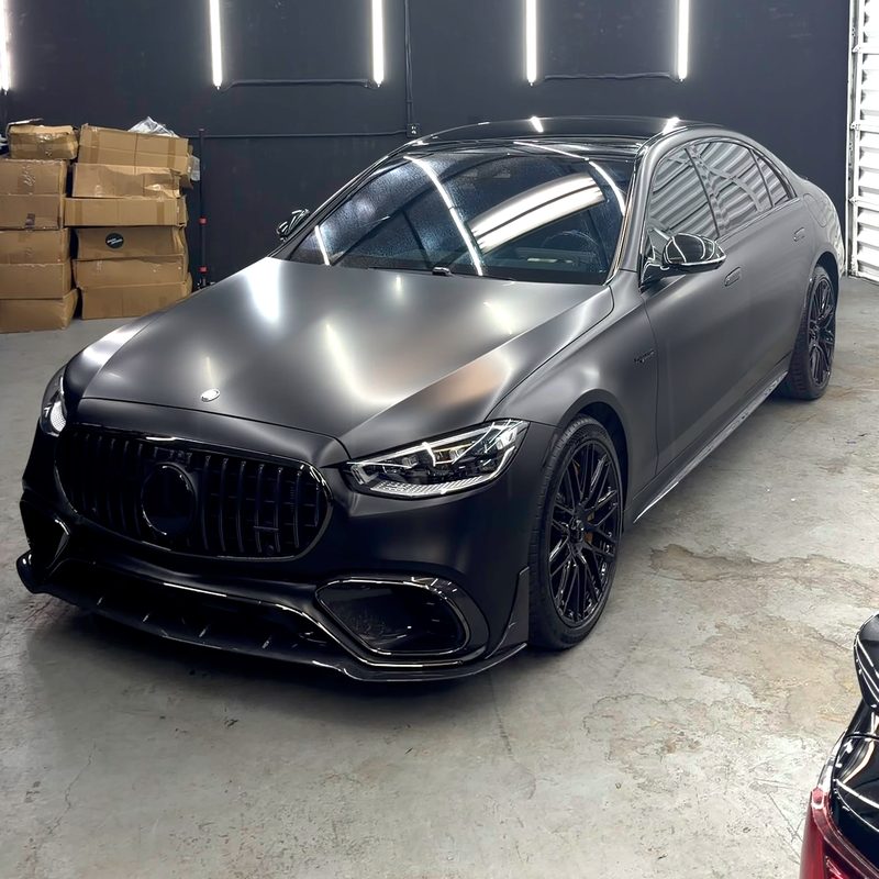 Matte black Mercedes-AMG S 63 in the bay
